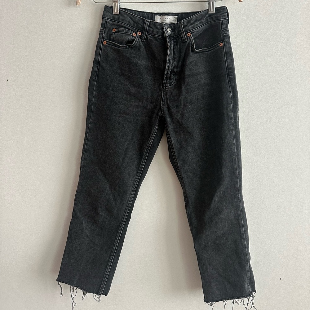 Top shop straight leg high waisted washed black jeans size 28 length 30”